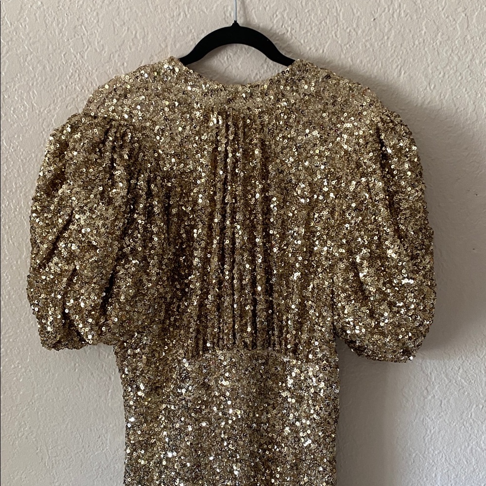 Gold Sequin Midi Dress with Puff Sleeves and High Neck - Picture 7 of 15